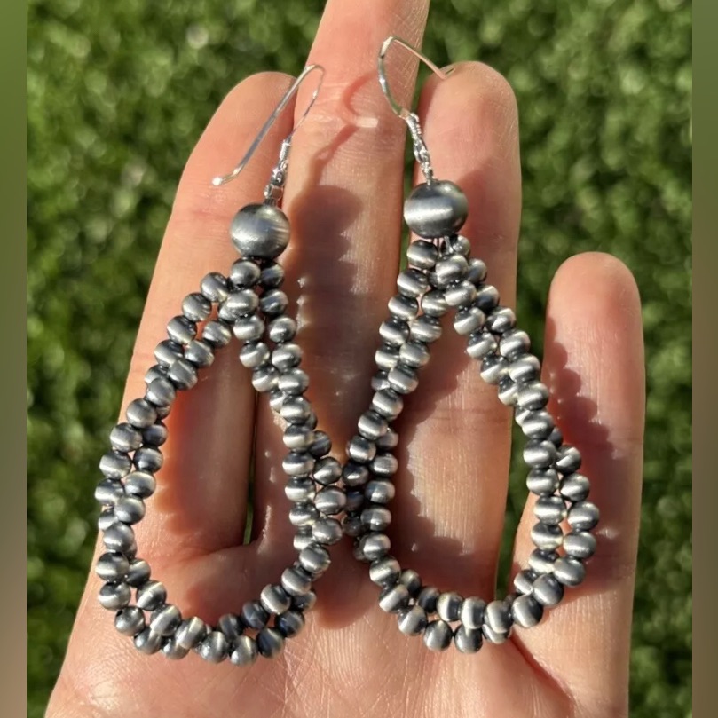 Sterling Silver 4mm Pearls Twisted Loop Earrings. 3 Inch